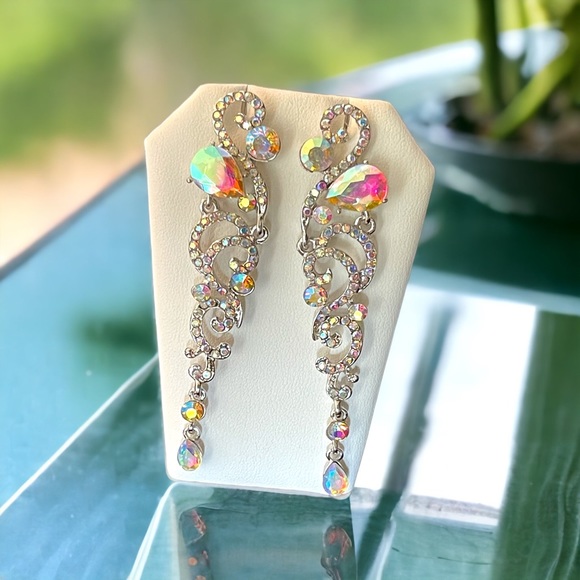 Rhinestone Dangle Earrings Silver AB Crystal Drop Earrings Prom Dress Earrings - Picture 8 of 12